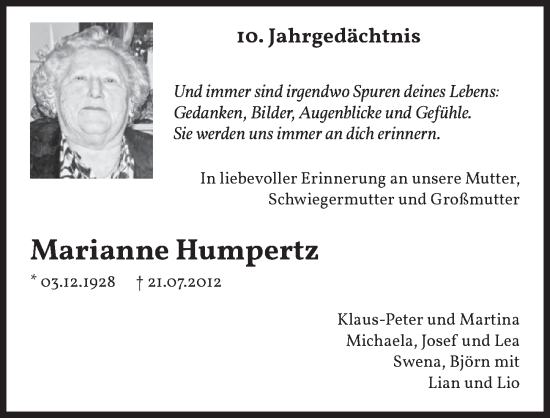 Anzeige von Marianne Humpertz von  Werbepost 