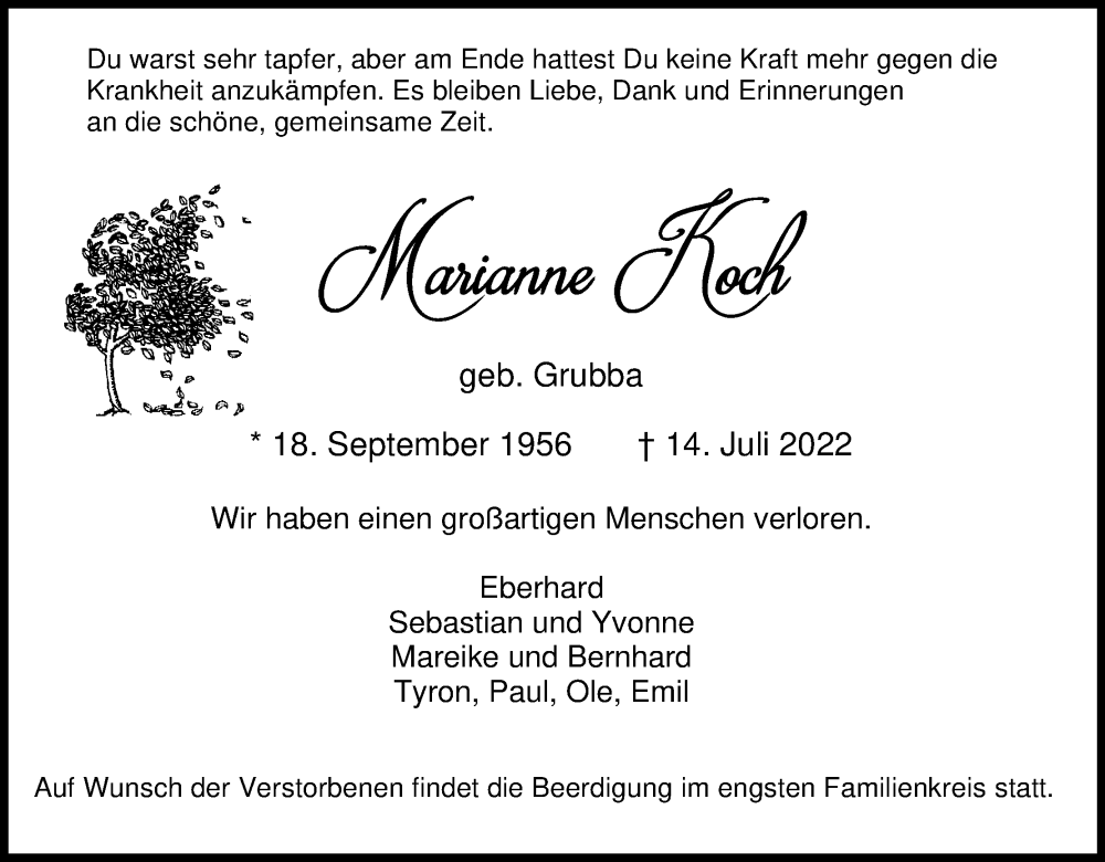  Traueranzeige für Marianne Koch vom 23.07.2022 aus Kölner Stadt-Anzeiger / Kölnische Rundschau / Express