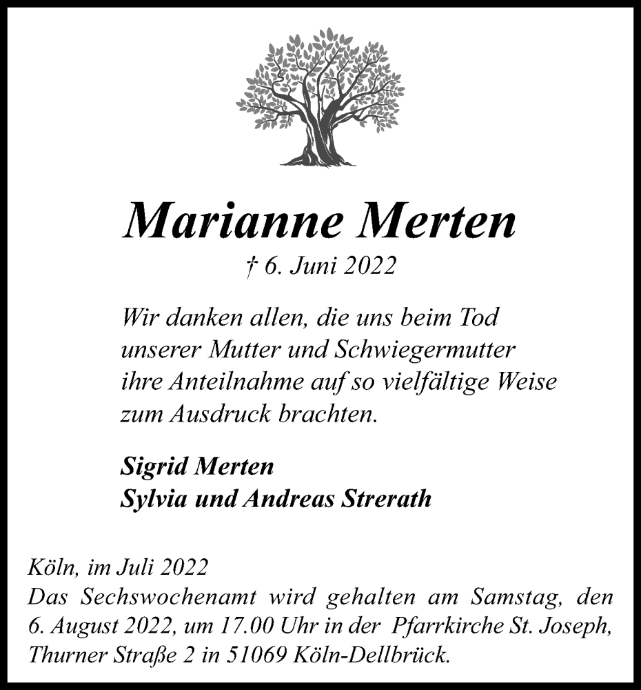  Traueranzeige für Marianne Merten vom 13.07.2022 aus Kölner Stadt-Anzeiger / Kölnische Rundschau / Express