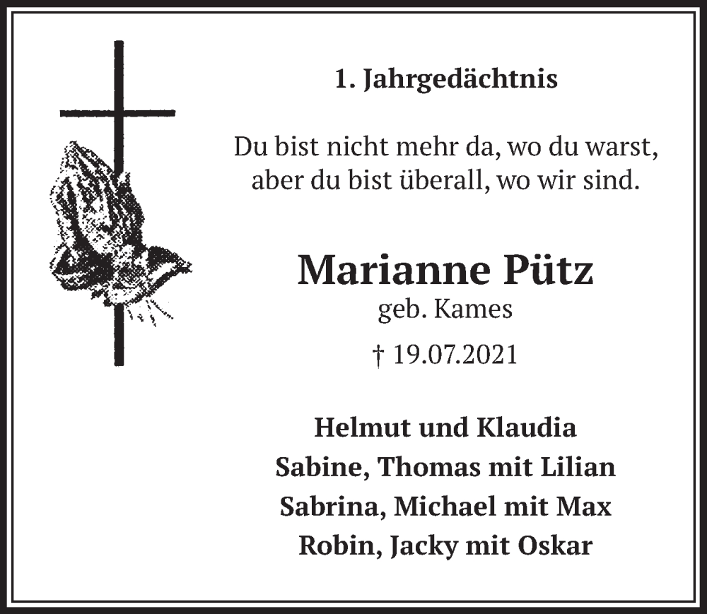  Traueranzeige für Marianne Pütz vom 15.07.2022 aus  Werbepost 
