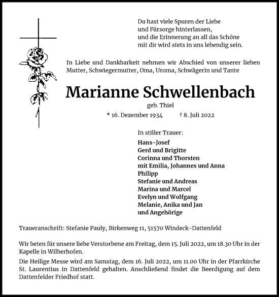 Anzeige von Marianne Schwellenbach von Kölner Stadt-Anzeiger / Kölnische Rundschau / Express