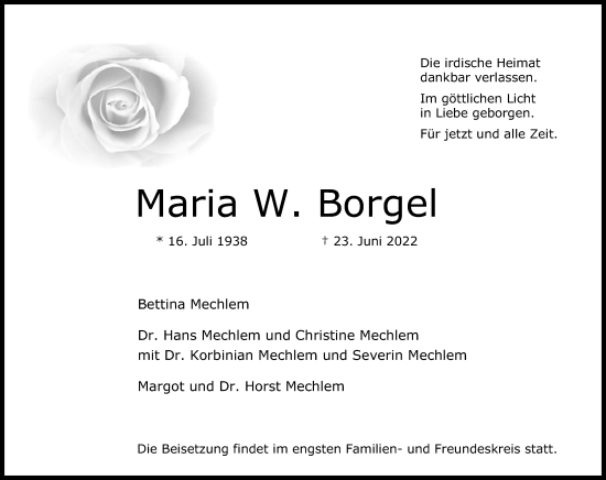 Anzeige von Maria W. Borgel von Kölner Stadt-Anzeiger / Kölnische Rundschau / Express