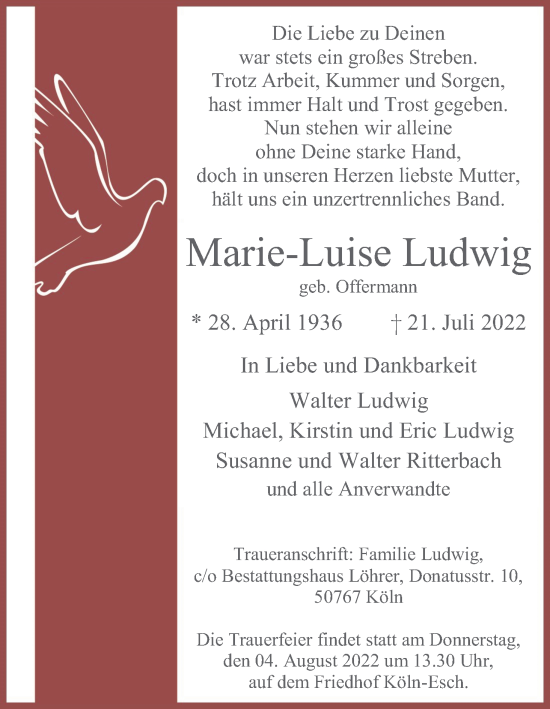 Anzeige von Marie-Luise Ludwig von Kölner Stadt-Anzeiger / Kölnische Rundschau / Express