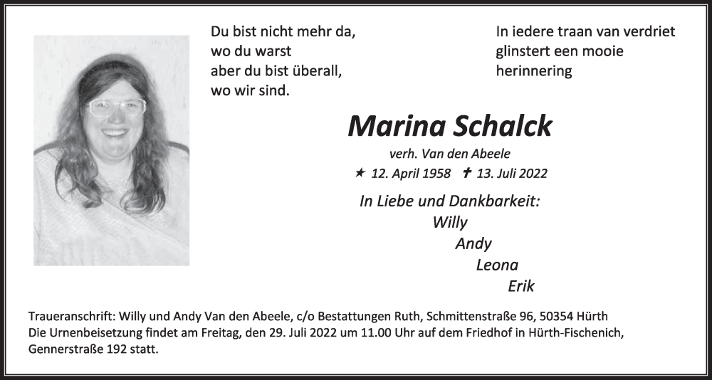  Traueranzeige für Marina Schalck vom 22.07.2022 aus  Wochenende 