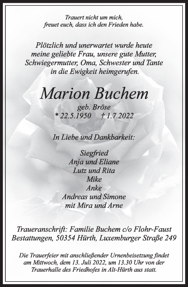  Traueranzeige für Marion Buchem vom 08.07.2022 aus  Wochenende 