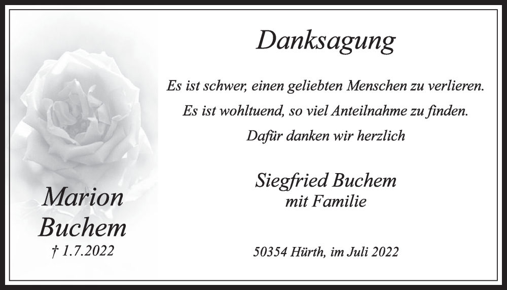  Traueranzeige für Marion Buchem vom 29.07.2022 aus  Wochenende 