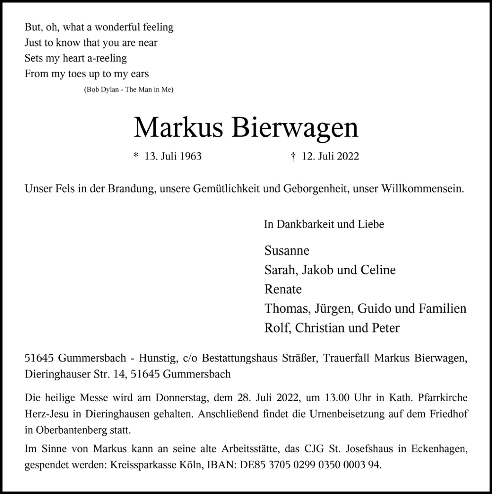  Traueranzeige für Markus Bierwagen vom 22.07.2022 aus  Anzeigen Echo 