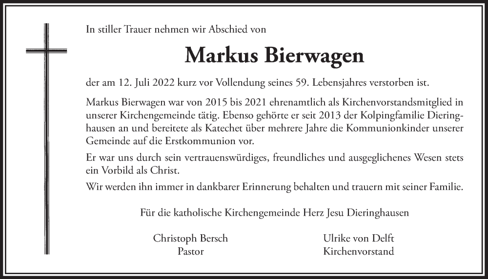  Traueranzeige für Markus Bierwagen vom 22.07.2022 aus  Anzeigen Echo 