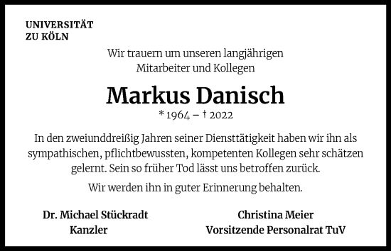 Anzeige von Markus Danisch von Kölner Stadt-Anzeiger / Kölnische Rundschau / Express