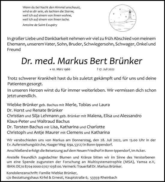 Anzeige von Markus Bert Brünker von Kölner Stadt-Anzeiger / Kölnische Rundschau / Express