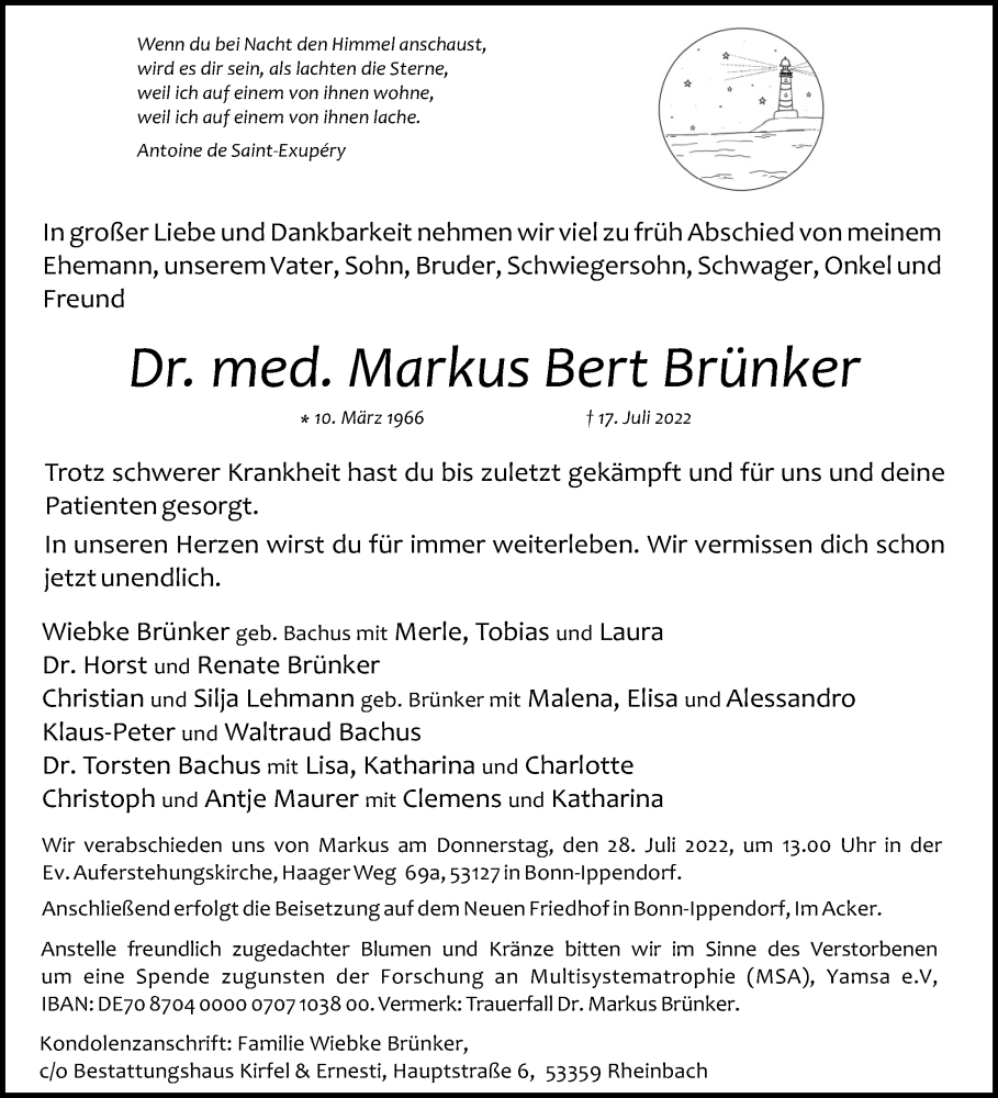  Traueranzeige für Markus Bert Brünker vom 23.07.2022 aus Kölner Stadt-Anzeiger / Kölnische Rundschau / Express