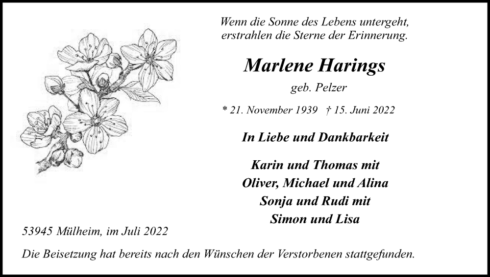  Traueranzeige für Marlene Harings vom 07.07.2022 aus Kölner Stadt-Anzeiger / Kölnische Rundschau / Express