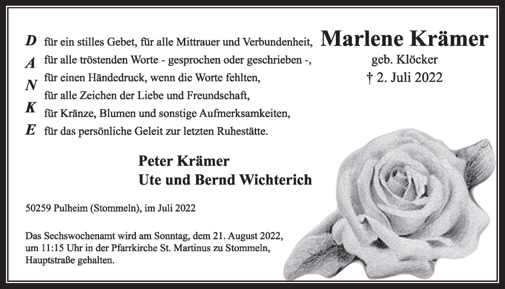 Traueranzeige für Marlene Krämer vom 29.07.2022 aus  Wochenende 