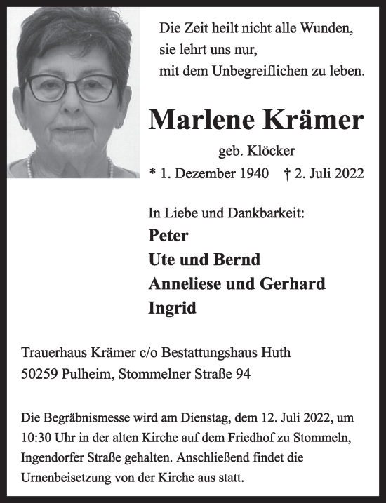 Anzeige von Marlene Krämer von  Wochenende 