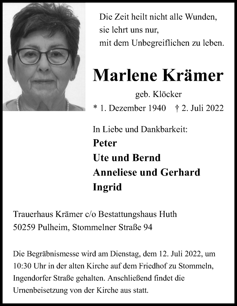  Traueranzeige für Marlene Krämer vom 09.07.2022 aus Kölner Stadt-Anzeiger / Kölnische Rundschau / Express