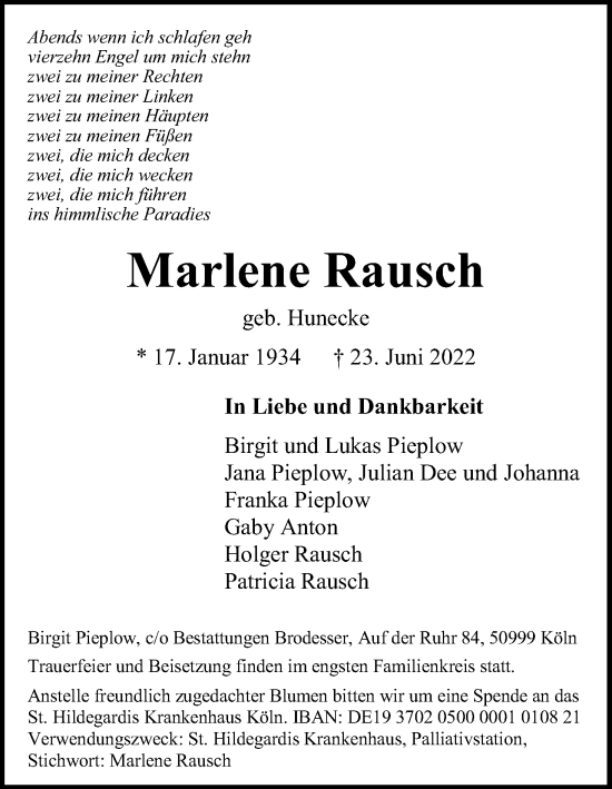 Anzeige von Marlene Rausch von Kölner Stadt-Anzeiger / Kölnische Rundschau / Express