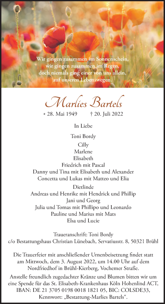 Anzeige von Marlies Bartels von  Schlossbote/Werbekurier 
