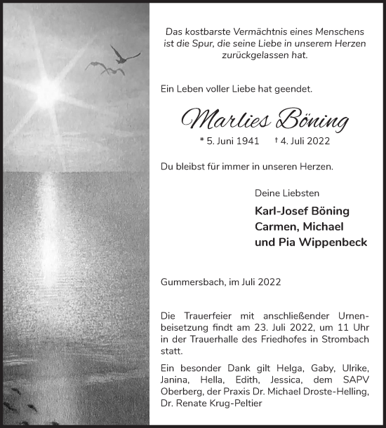 Anzeige von Marlies Böning von  Anzeigen Echo 