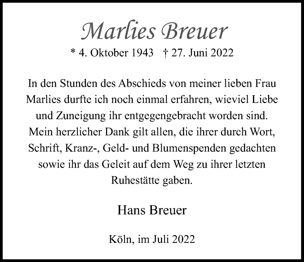  Traueranzeige für Marlies Breuer vom 30.07.2022 aus Kölner Stadt-Anzeiger / Kölnische Rundschau / Express