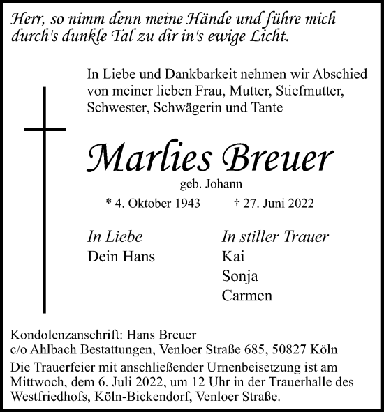 Anzeige von Marlies Breuer von Kölner Stadt-Anzeiger / Kölnische Rundschau / Express