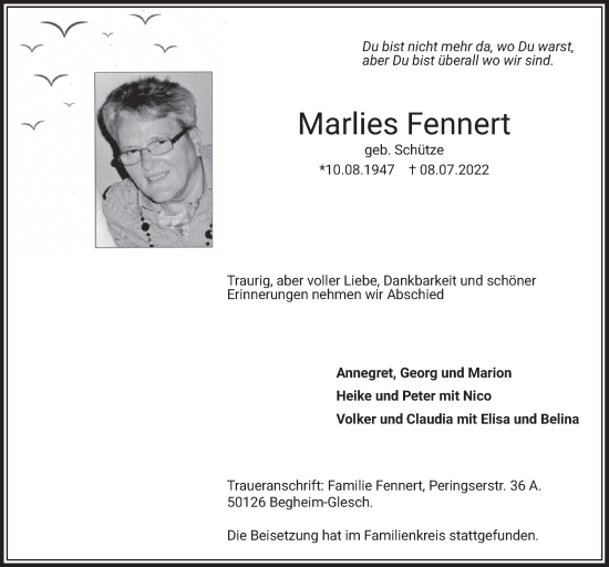 Anzeige von Marlies Fennert von  Werbepost 
