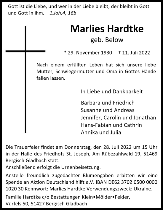 Anzeige von Marlies Hardtke von Kölner Stadt-Anzeiger / Kölnische Rundschau / Express