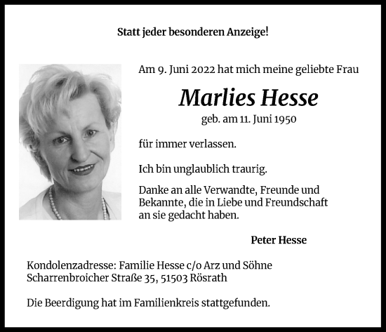 Anzeige von Marlies Hesse von Kölner Stadt-Anzeiger / Kölnische Rundschau / Express