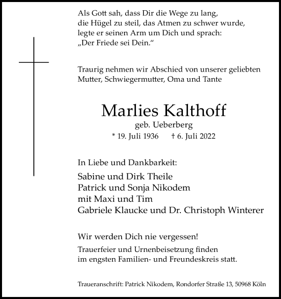 Anzeige von Marlies Kalthoff von Kölner Stadt-Anzeiger / Kölnische Rundschau / Express