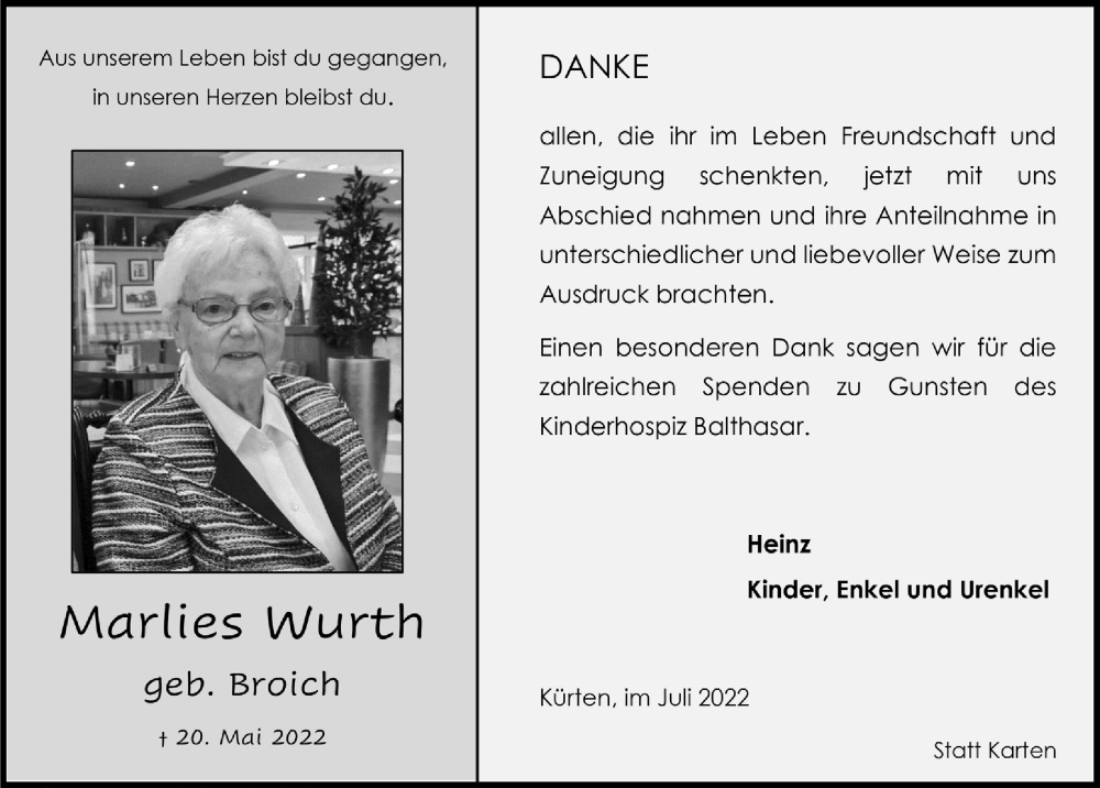  Traueranzeige für Marlies Wurth vom 22.07.2022 aus  Bergisches Handelsblatt 