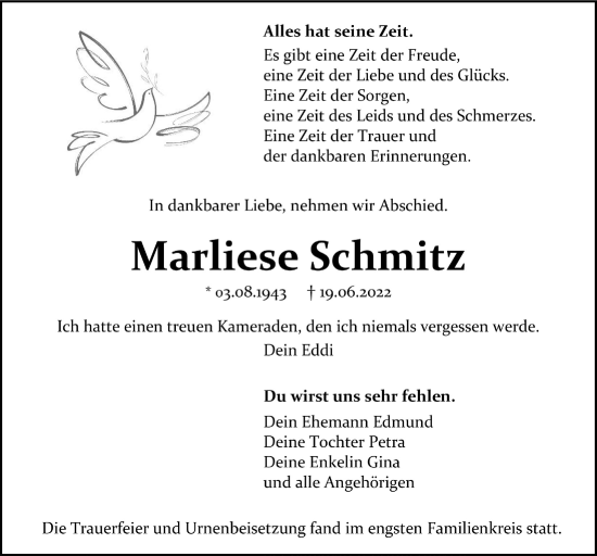 Anzeige von Marliese Schmitz von  Anzeigen Echo 