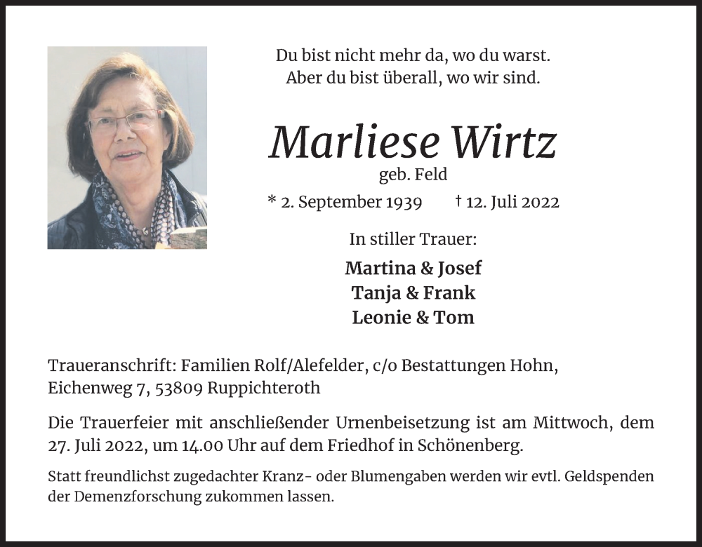  Traueranzeige für Marliese Wirtz vom 16.07.2022 aus Kölner Stadt-Anzeiger / Kölnische Rundschau / Express