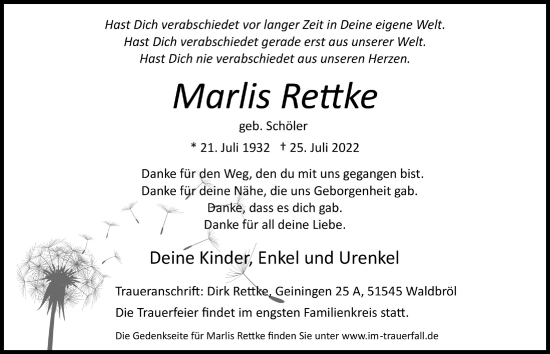Anzeige von Marlis Rettke von  Lokalanzeiger 