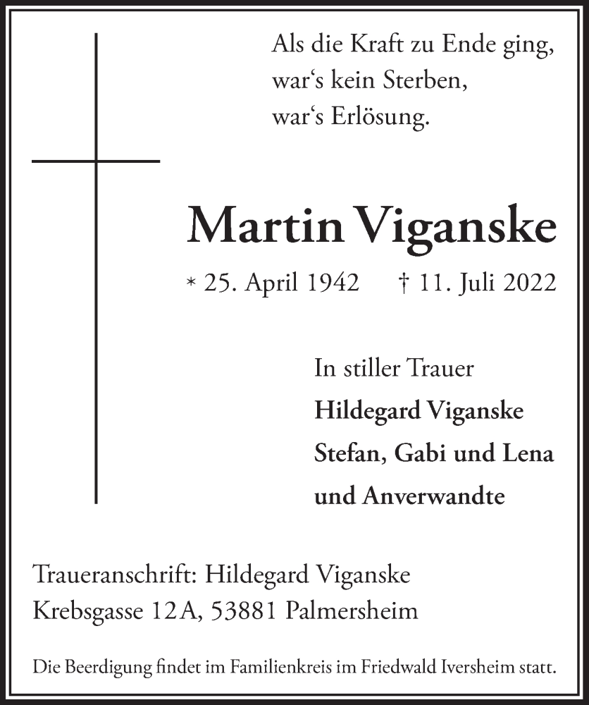  Traueranzeige für Martin Viganske vom 23.07.2022 aus  Blickpunkt Euskirchen 