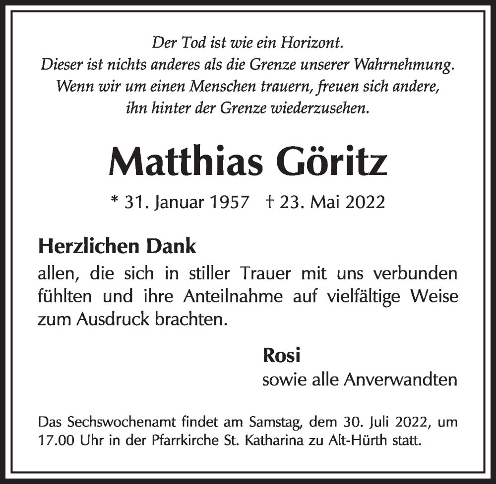  Traueranzeige für Matthias Göritz vom 15.07.2022 aus  Wochenende 
