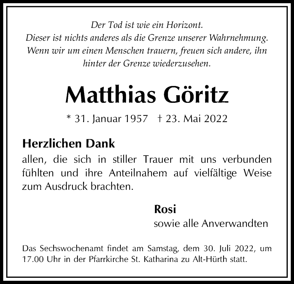  Traueranzeige für Matthias Göritz vom 16.07.2022 aus Kölner Stadt-Anzeiger / Kölnische Rundschau / Express