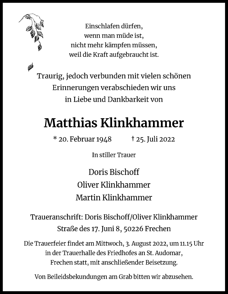  Traueranzeige für Matthias Klinkhammer vom 30.07.2022 aus Kölner Stadt-Anzeiger / Kölnische Rundschau / Express