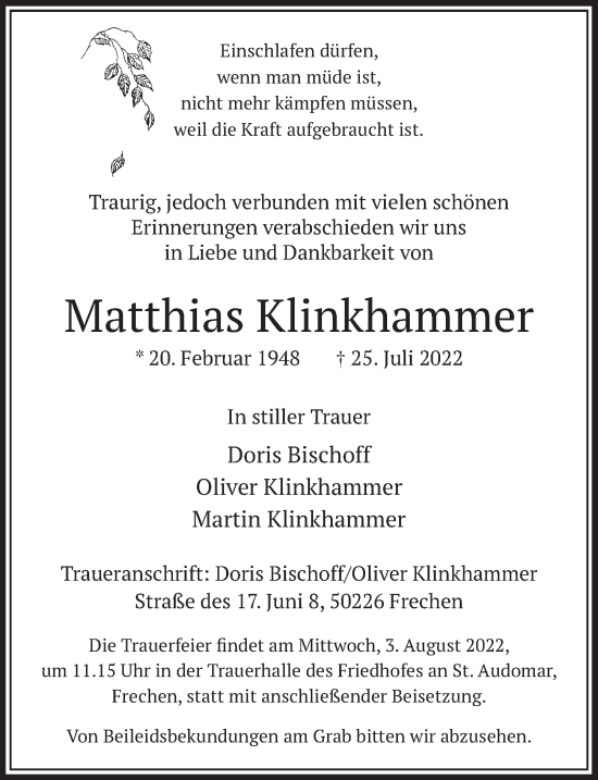 Anzeige von Matthias Klinkhammer von  Wochenende 