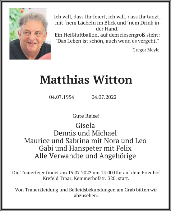Anzeige von Matthias Witton von Kölner Stadt-Anzeiger / Kölnische Rundschau / Express