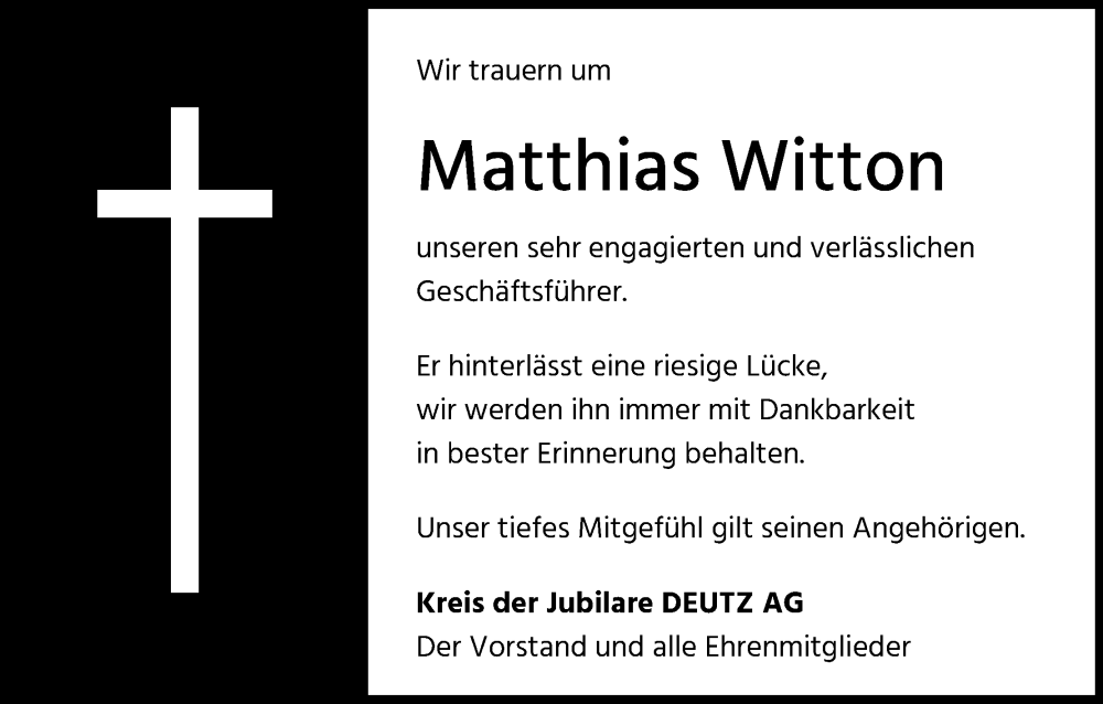  Traueranzeige für Matthias Witton vom 13.07.2022 aus Kölner Stadt-Anzeiger / Kölnische Rundschau / Express