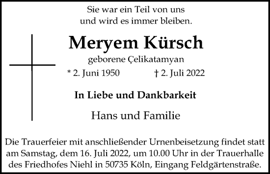 Anzeige von Meryem Kürsch von Kölner Stadt-Anzeiger / Kölnische Rundschau / Express