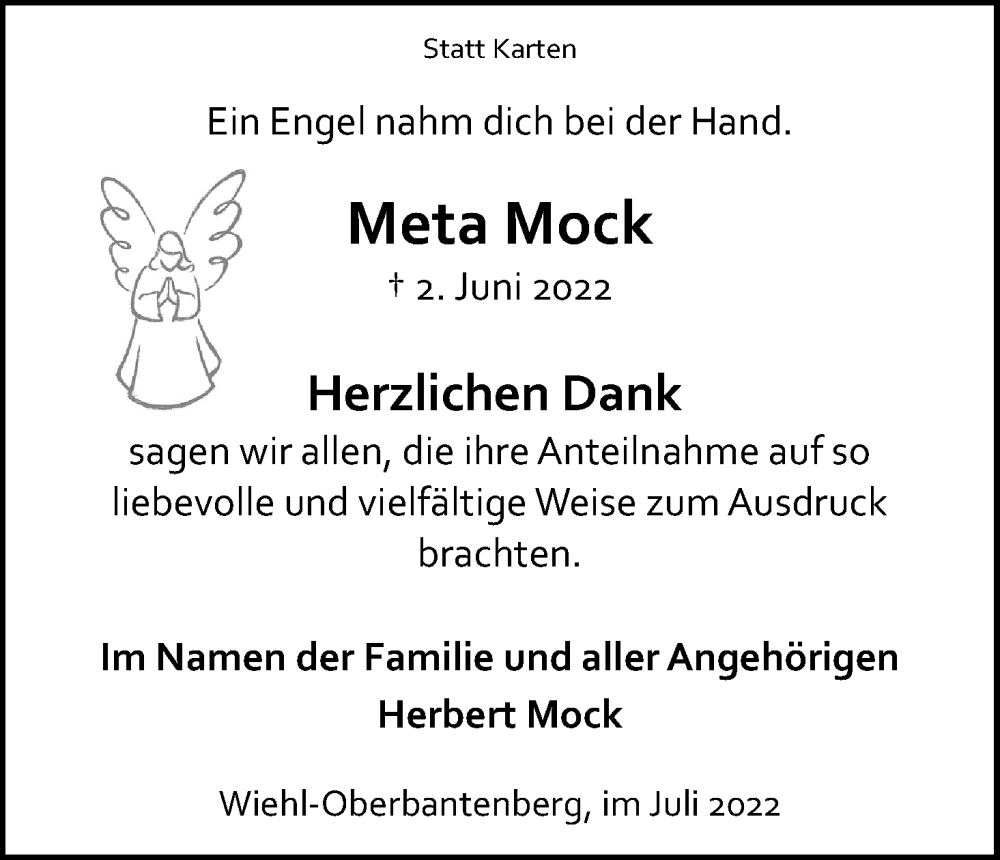  Traueranzeige für Meta Mock vom 16.07.2022 aus Kölner Stadt-Anzeiger / Kölnische Rundschau / Express
