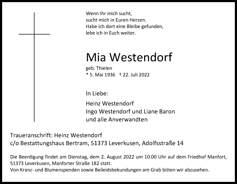  Traueranzeige für Mia Westendorf vom 27.07.2022 aus Kölner Stadt-Anzeiger / Kölnische Rundschau / Express