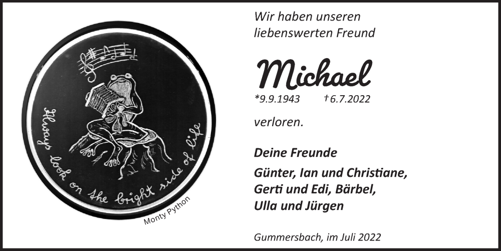  Traueranzeige für Michael  vom 15.07.2022 aus  Anzeigen Echo 