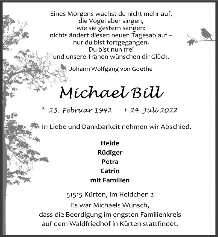  Traueranzeige für Michael Bill vom 29.07.2022 aus  Bergisches Handelsblatt 
