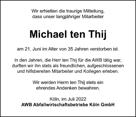 Anzeige von Michael ten Thij von Kölner Stadt-Anzeiger / Kölnische Rundschau / Express