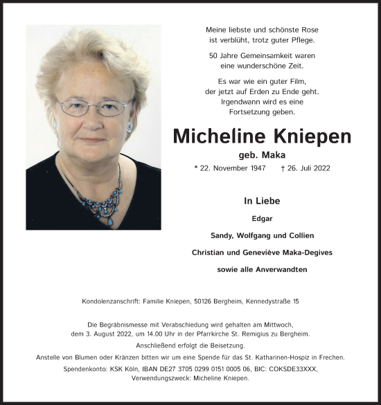 Anzeige von Micheline Kniepen von Kölner Stadt-Anzeiger / Kölnische Rundschau / Express
