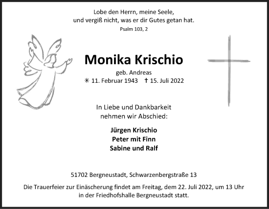Anzeige von Monika Krischio von Kölner Stadt-Anzeiger / Kölnische Rundschau / Express
