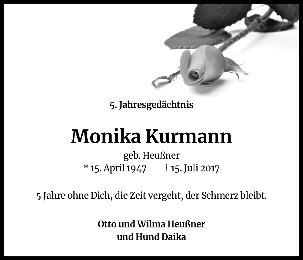  Traueranzeige für Monika Kurmann vom 16.07.2022 aus Kölner Stadt-Anzeiger / Kölnische Rundschau / Express