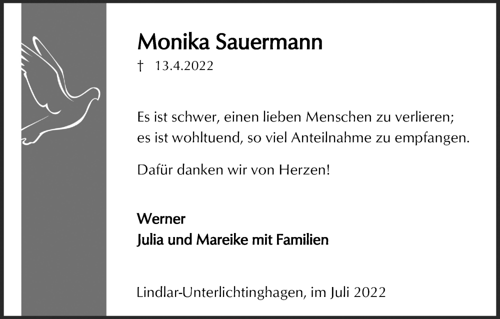  Traueranzeige für Monika Sauermann vom 02.07.2022 aus Kölner Stadt-Anzeiger / Kölnische Rundschau / Express