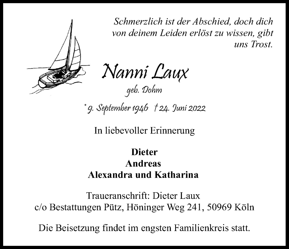  Traueranzeige für Nanni Laux vom 02.07.2022 aus Kölner Stadt-Anzeiger / Kölnische Rundschau / Express